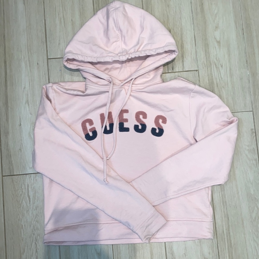 Guess cropped pink hoodie with textured letters size XS